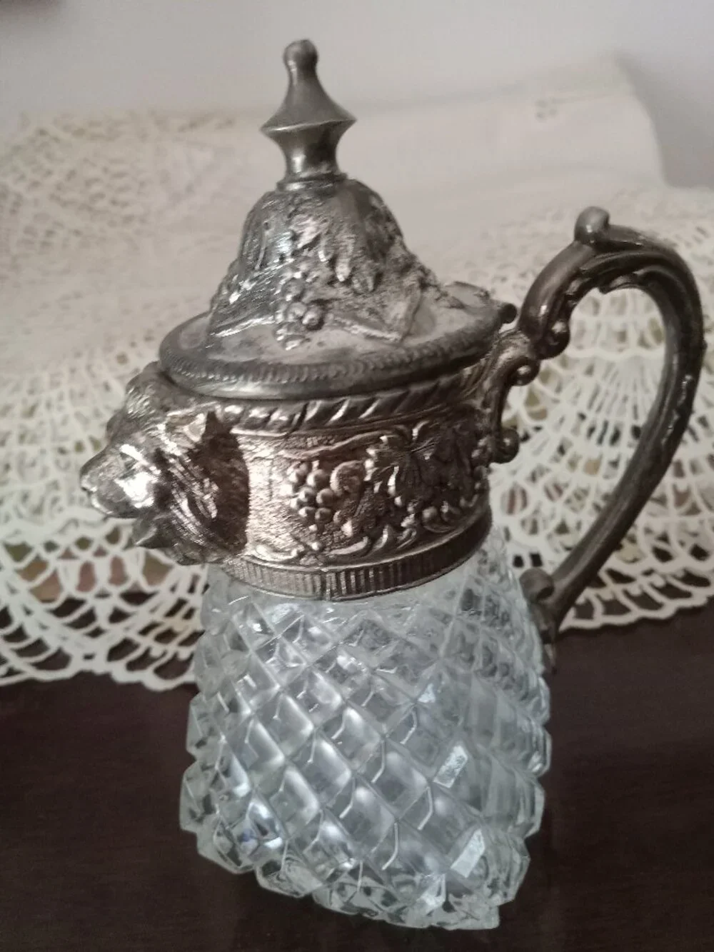 Vintage Small Glass and Metal Decanter with Lid with Lion's Head Accent